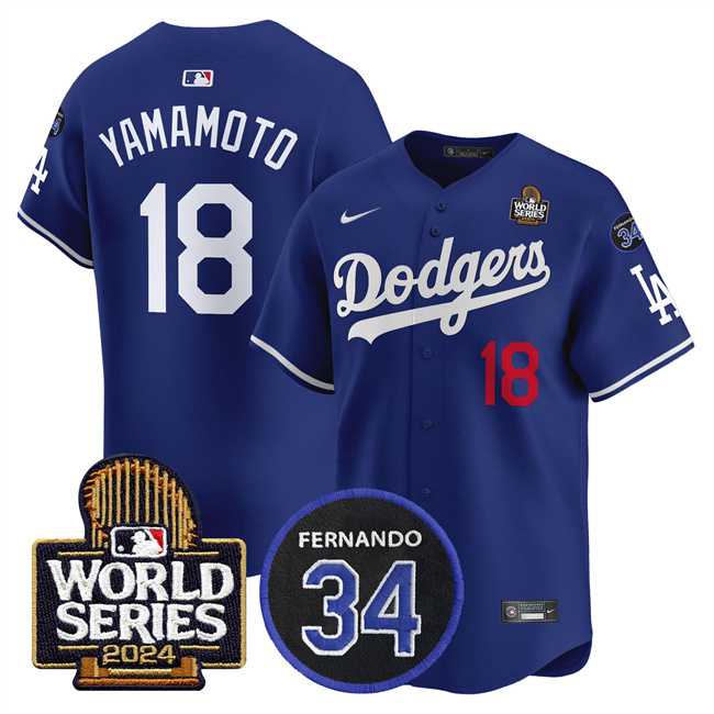 Men%27s Los Angeles Dodgers #18 Yoshinobu Yamamoto Royal 2024 World Series With Fernando Memorial Patch Limited Stitched Baseball Jersey